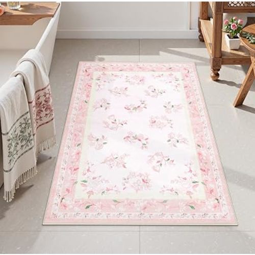 LIVEBOX Floral Pink Washable Entryway Rug, 2x3 Boho Bathroom Rugs Non Slip Soft Bedroom Accent Rug, Ultra Thin Flower Small Throw Rugs for Entryway Indoor Door Mat for Kitchen Bedside, Pink