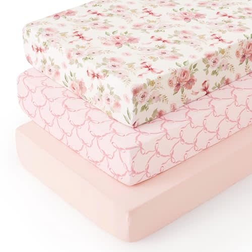 PHF 3 Pack Soft Floral & Bow Crib Sheets Fitted, Comfy Breathable Baby Sheets for Boys Girls, 28x52 Inches Fits Standard Crib and Toddler Mattresses, Floral & Bow