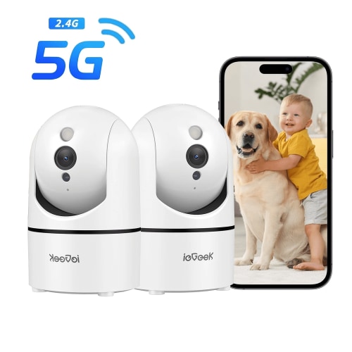 (2 pack) ieGeek 2.5K 5G/2.4GHz WiFi Pet Dog Camera with Phone App, Indoor Security Camera with 360° Ptz , IR Night Vision, Motion Detection, Two-Way Audio, Compatible with Alexa