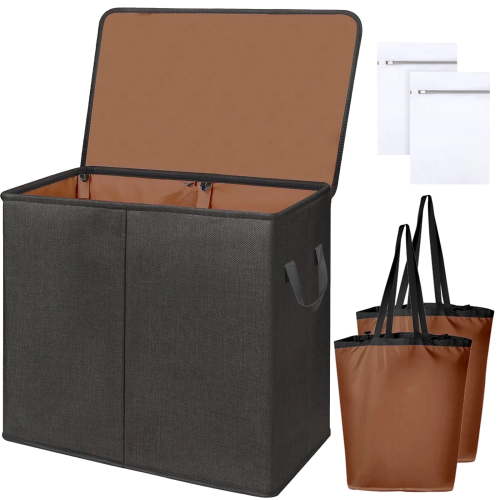 Kailwokk Laundry Hamper with Lid, Double Collapsible Basket with 2 Removable Bags for Bedroom Bathroom Laundry Room, Black