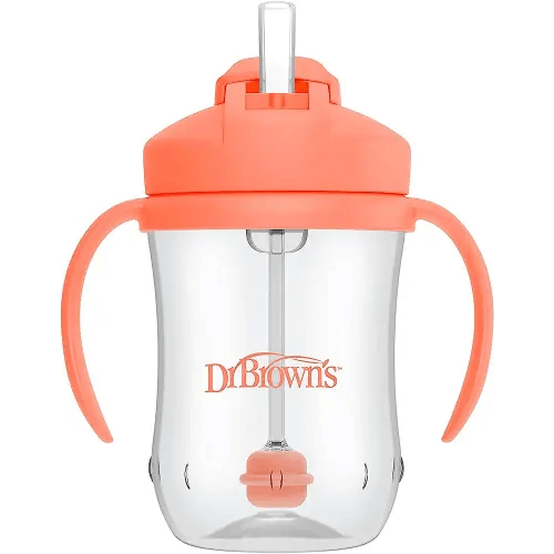 Dr. Brown's Milestones Baby’s First Straw Cup, Training Cup with Weighted Straw, Coral, 6m+