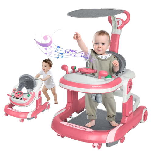 HAOUUCYIN 5-in-1 Baby Walker with Foot Pads/Handles for Girls Boys, Pink
