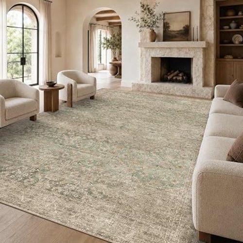 9x12 Washable Boho Area Rug, Beige Green Farmhouse for Living Room