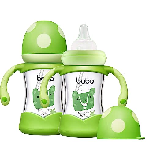 YOHKOH Natural Glass Baby Bottle with Natural Response Nipple, Wide Neck Baby Bottles with Handle, Newborn Anti-Colic Baby Bottles Gift Set, Clear (5.4oz (Pack of 2), Green)