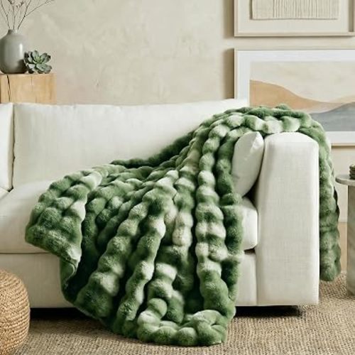 Cozy Bliss Faux Fur Throw for Couch, Fuzzy Soft Plush Thick Bubble Blanket for Sofa Bedroom Living Room, 50x60 Inches Tie-dye Olive Green