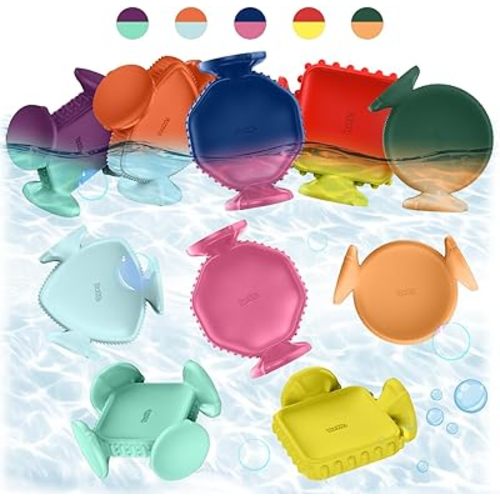BUNMO Big Shapes Color-Changing Textured Suction Bath Toys for Toddlers 1–3 (10 Pack), Extra Large Silicone Bathtub Toys, BPA-Free Suction Cup Toys, Bath Toys for Kids Ages 1+, Sensory Bath Toys