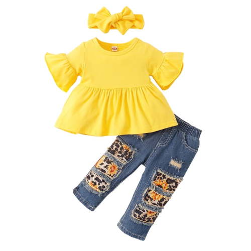 6 Months Baby Girls Clothes 9 Months Girls 3PCS Outfits Infant Girls Flared Sleeve Top Sunflower Patch Jeans Pants Headband Set Yellow