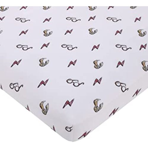 Warner Brothers Harry Potter White, Red, and Gold Lightning Bolt, Golden Snitch and Glasses Nursery Fitted Mini Crib Sheet