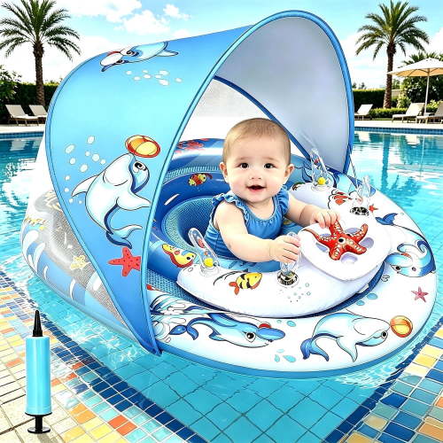 Baby Pool Float with Canopy UPF50+ Sun Canopy, Inflatable Kids Pool Floats, Anti-Flip Double Air Chambers, Infant Swimming Float with Adjustable Safety Seat for 6-36 Months Boys Girls.