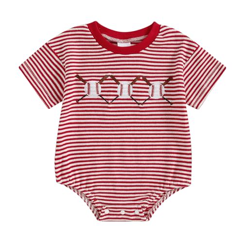 Mobbdow Infant Baby Boy Girl Baseball Outfit Embroidery Stripe Short Sleeve Bubble Romper Waffle Knit Bodysuit Summer Clothes