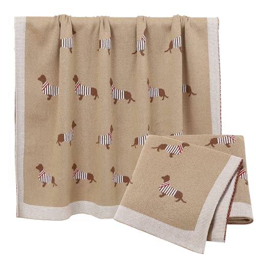 Opewod Baby Blanket Knitted 100% Cotton Soft Blankets for Newborn Boy Girls Cute Dog Dachshund 30x40 inches Ligth Coffee