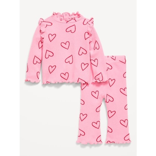 Printed Cozy Rib-Knit Ruffled Top and Pants Set for Baby
