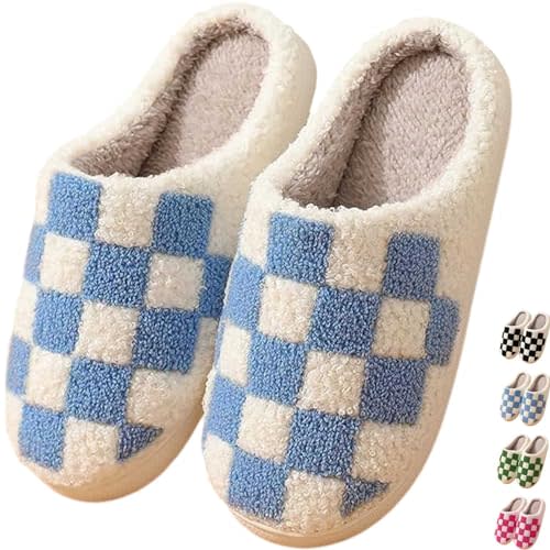 HIPINISS Checkered Slippers - Men & Women's Funny, Fluffy House & Outdoor Shoes - Memory Foam, Warm, Plush Bedroom Slippers for Winter