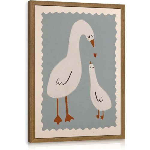 LERVR Wood Framed Funny Goose Nursery Wall Art, Cute Animal Nursery Decor, Mother and Baby Goose Illustration Poster Print, Minimalist Neutral Aesthetic Picture for Kids Room Bedroom 12x16 Inch