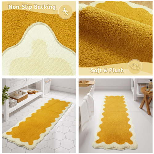 Bathroom Runner Rug, Large Water Absorbent Cute Bath Mat Non Slip Washable, 24x60 Soft Irregular Shaped Shaggy Microfiber Bath Runner Rug for Floor, Bathtub, Bedroom, Yellow