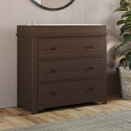 Harmony 3-Drawer Dresser with Baby Changing Table Topper, Brushed Truffle | Child Craft
