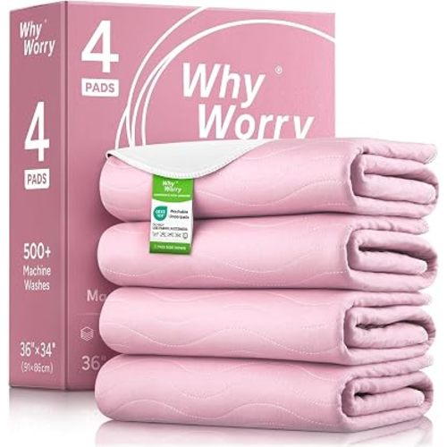 WhyWorry Washable Bed Pads for Adult Incontinence, 34"x36", Pink, 4 Count
