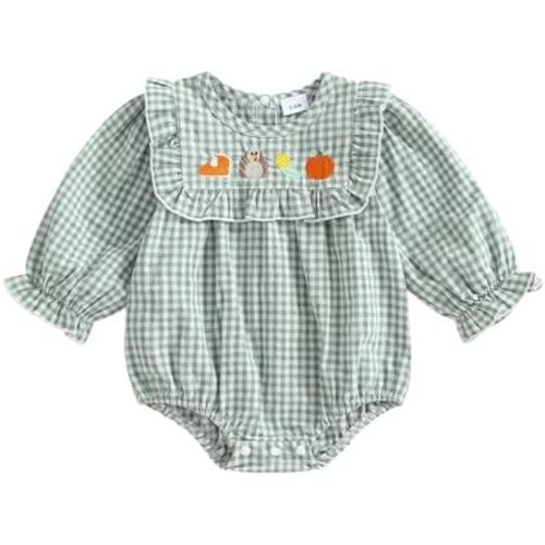 Baby Girl Halloween Thanksgiving Outfit Pumpkin Embroidery Striped Ruffle Long Sleeve Bubble Romper Fall Clothes