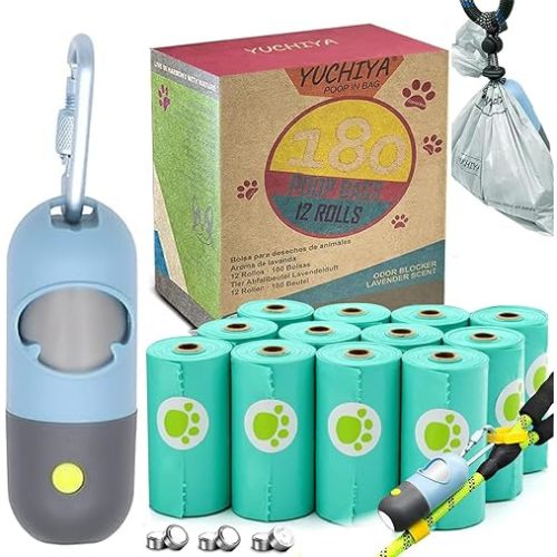 Dog Poop Bags Holder with LED Flashlight|Pet Waste Bags Dispenser for Leash|Doggie Potty Bags Container with Leak-proof Pet Trash Bags and Accessories (1 Holder 195 Bags, Sky Blue)
