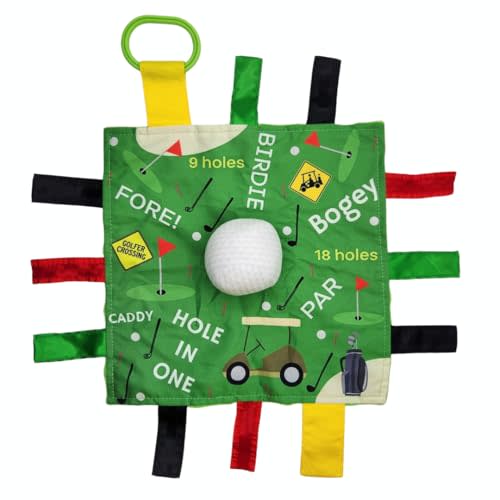 Baby Jack & Co 10x10” Golf Ball Sports Lovey Sensory Plush Blanket - Tag Toys for Sensory Play - Travel Stroller Toy - Learn Shapes, Letters & Colors - Sports Gift Educational and Soother