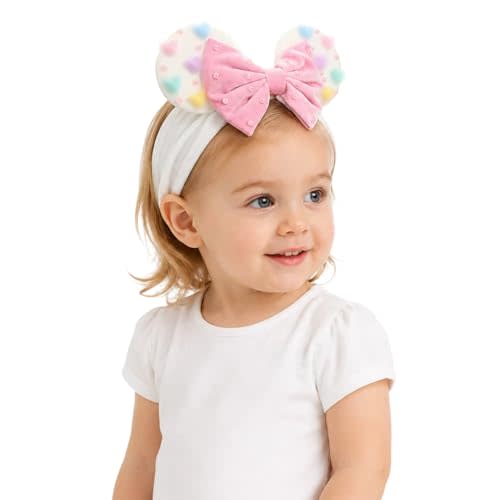 Baby Girl Velvet Mouse Ears Turban Headwrap with Beadings, Velvet Hair Bow Headband for Infant Toddlers Kids