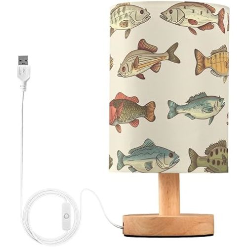 Bedside Table Lamp Vintage Bass Fish Nightstand Lamp with Wood Desk Lamps for Bedroom Living Room Nursery Office Home Decor