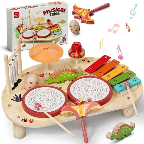 OROLIVING Kids Drum Set, 9-in-1 Wooden Musical Toys for Toddlers 1-3 Years, Montessori Gift for Kids