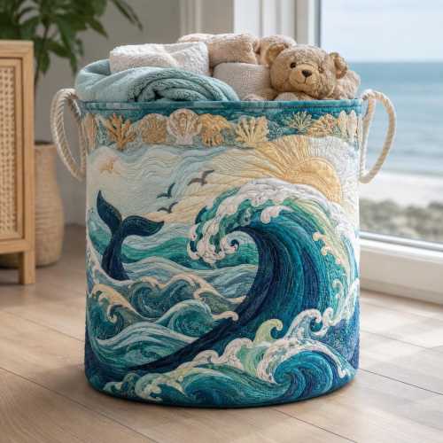Quilted Ocean Wave Storage Basket, Coastal Whale Laundry Bin