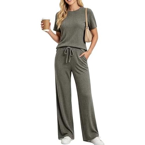 PATPAT Lounge Sets for Women 2 Piece Ribbed Knit Loungewear Short Sleeve Pajama Set Matching Pj Set Soft Outfits with Pockets