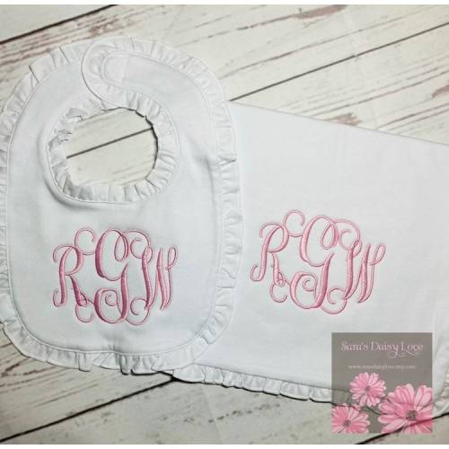 Monogrammed Baby Bib and Burp Cloth Set, Ruffle Trim