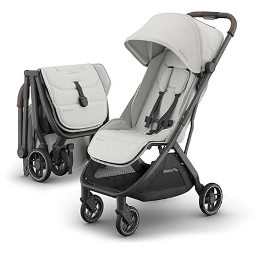UPPAbaby Minu V3 Travel Stroller | Lightweight + Compact Design | One-Hand Fold + Unfold | from Birth + Overhead Compatible | Savannah (Pearl Gray Mélange/Carbon Frame/Chestnut Leather)