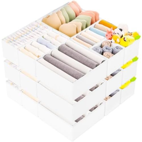 15 Pack Drawer Organizer for Clothes, Foldable Dresser Dividers with 3 Sizes, Fabric Storage Bins – White