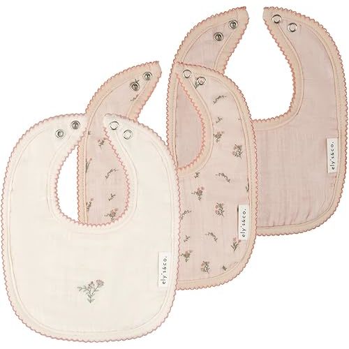 Ely's & Co. 100% Cotton Muslin Bib with Terry lining Soft & Absorbent for Infants, Adjustable Snaps 3 Pack 0-6 Months