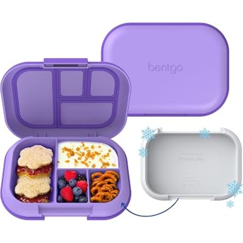 Bentgo Chill Kids Leakproof Lunch Box - 4-Compartment Bento Box with Built-In Ice Pack, 3.3 Cup Capacity, BPA-Free, Microwave & Dishwasher Safe Tray, Ages 3–7 (Purple)