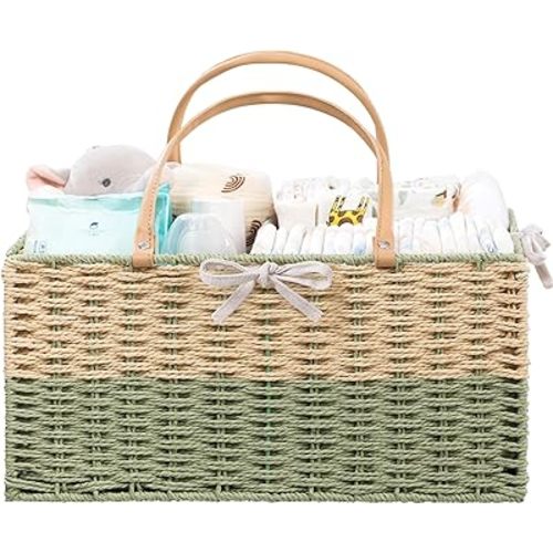 HBlife Large Baby Diaper Caddy Organizer, Paper Rope Storage Baskets Nursery Bin with Removable Divider, Portable Car Organizer for Diapers, Baby Shower Gifts, Newborn Essentials Must Haves