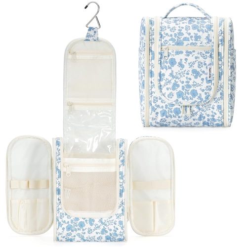 Narwey Hanging Toiletry Bag Women Travel Makeup Bag Organizer Toiletries Bag for Travel Size Essentials Accessories Cosmetics (Medium,Little Blue Flower)