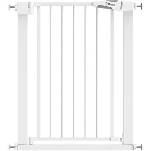 BABELIO 26-28.5 Inch Narrow Easy Install Baby Gate, 30 Inch Tall Auto-Close Metal Pet Gate for Small Stairs and Doorways, NO Drilling Pressure Mounted, NO Extensions, White
