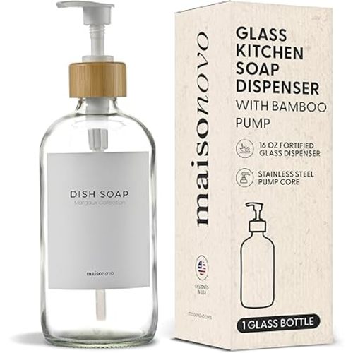 MaisoNovo Glass Hand Soap Dispenser | Dish Soap Dispenser for Kitchen | 16.9oz Clear Bottles with White Bamboo Pump | Bathroom Lotion Dispenser