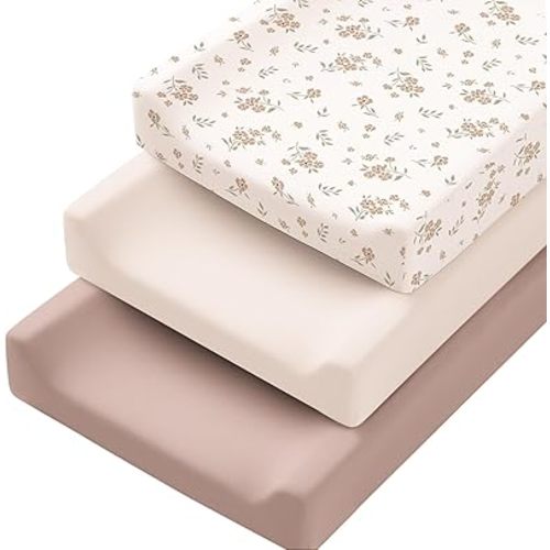 Konssy 3 Pack Stretchy Changing Pad Covers for Girl, Boy, Silky Soft Changing Table Cover, Breathable Baby Nursery Diaper Chang Pad Sheets (Blossom)