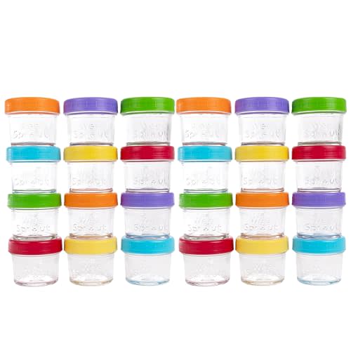 WeeSprout Baby Food Storage Glass Jars w/Lids (4 oz, 24 Pack) Bright Variety, Snack, Reusable Small Containers, Fridge or Freezer, Microwave & Dishwasher Safe, Essentials for Infants