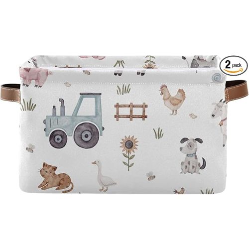 Cute Farm Animals Storage Bins Collapsible Storage Basket with Metal Frame, Fabric Shelves Bins Closet Baskets with Handles, 2-Pack