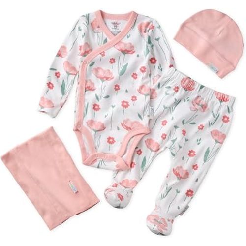 Butterblu Take Me Home 4-Piece Baby Gift Set Cotton Clothing in Box | GOTS Certified Organic Cotton for Baby Girls, Boys, Made to Match Infant Bodysuit, Pant, Burp Cloth, Hat Set