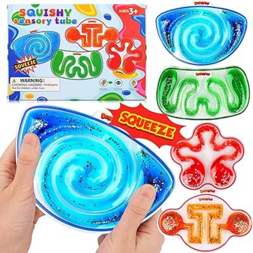 Squishy Sensory Toys for Kids - 4 Pack Fidget Toy Sensory Maze for Autism - Stress Relief Toys for Calm Down - Squeeze Fidget Toy Filled Goo, Glitter, Prizes for Kids Classroom, for Kid