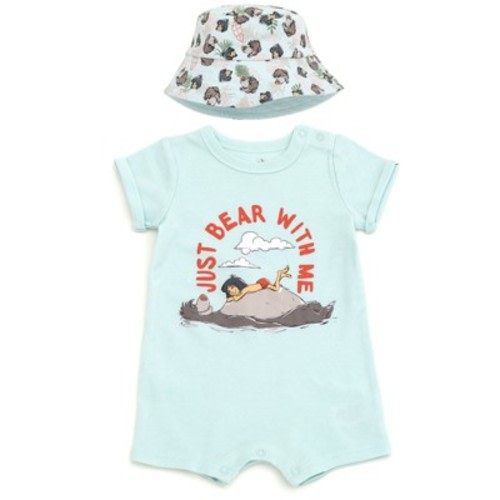 Disney The Jungle Book Baby Boys' 2-Piece Graphic Romper and Bucket Hat Set Baloo Mowgli Mint 0-3 Months