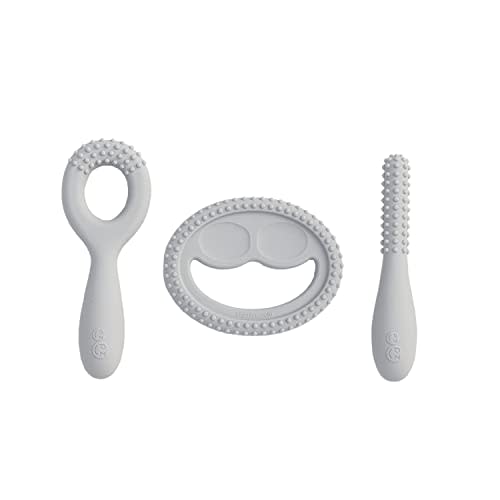 ezpz Oral Development Tools - 3 Months+ (3 Pack in Pewter) - Non-Slip Loop, Smile and Stick, 100% Silicone Tools to Practice Feeding + Chewing - Sensory Bumps - Dishwasher Safe