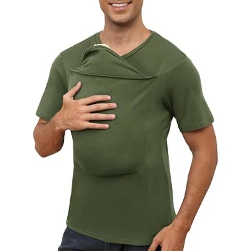 ThusFar Mens Baby Carrier Shirt Dad Shirt for Men Short Sleeve Baby Wearing T-Shirt V Neck Pocket Tee Shirts