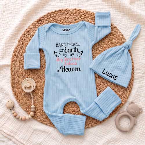 Custom Hand Picked for Earth by My Big Brother in Heaven Newborn Bodysuit and Hat Set, Coming Home Outfit, Angel Baby Shower Gift