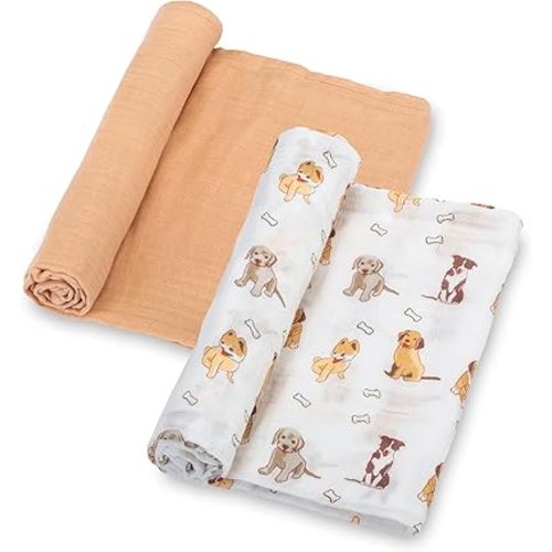 LollyBanks 100% Cotton Baby Blankets 2 Pack, Gentle and Soft Muslin Swaddle Blanket for Girls, Lightweight 47 x 47 Inches Newborn Receiving Blanket, Newborn Essentials Must Haves (Puppies and Tan)