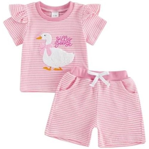 Toddler Baby Girl Summer Clothes Silly Goose Embroidery Short Sleeve T-Shirt Tops Shorts 2Pcs Set Farm Goose Outfit