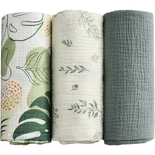Muslin Swaddle Blankets, 3 Pack Inches Baby Receiving Blanket for Boys Girls, 38 x 40 Green Baby Essentials for Newborns and Toddler Gift, Soft Breathable Swaddle Wrap Burping Clothes for Babies